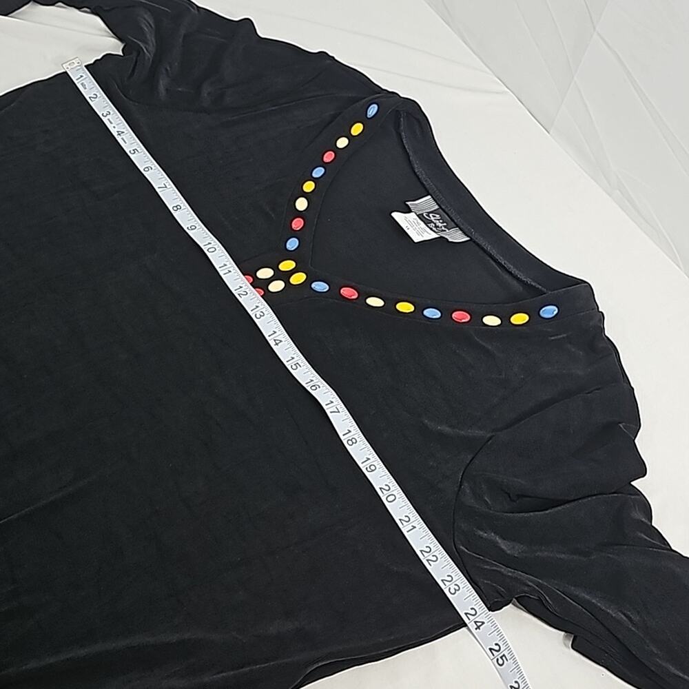Womens Sz 1X Black Slinky Brand Stretch Colorful Beaded V-neck Made in USA Top - Picture 7 of 11